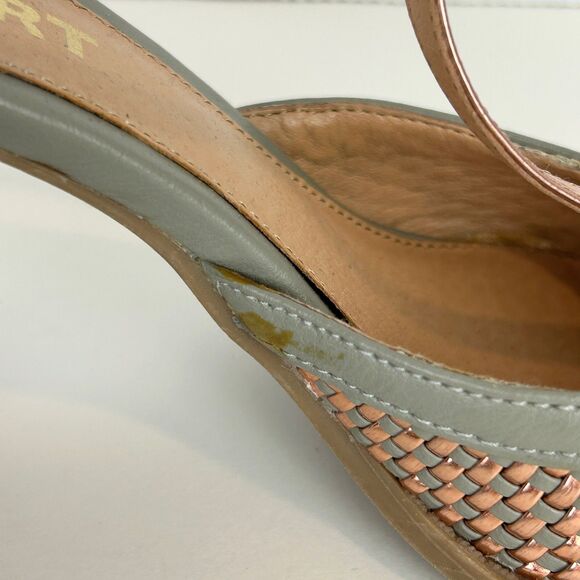 Report Meg T Strap Heels Woven Gray & Metallic Rose Gold Open Toe Block Heel 8 - Picture 10 of 11